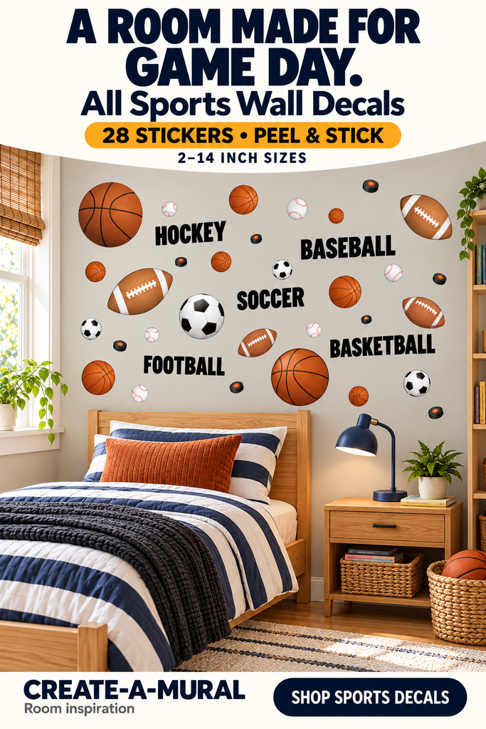 Sports Boys Wall Decal ~ Football Basketball Soccer Baseball