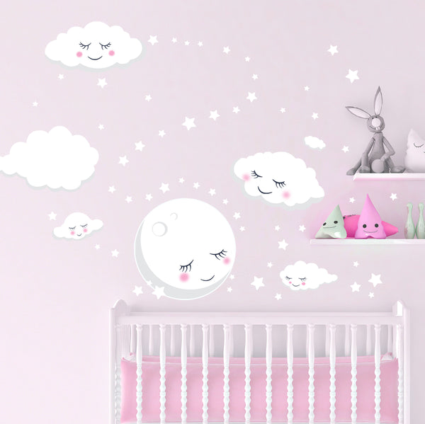 Sleeping Moon Clouds & Stars Room Decals - Kids Room Mural Wall Decals