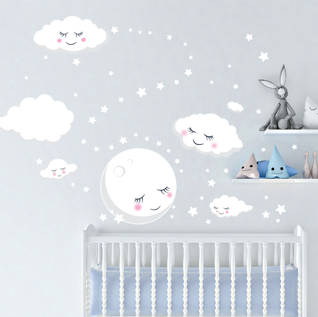 Sleeping Moon Clouds & Stars Room Decals - Kids Room Mural Wall Decals