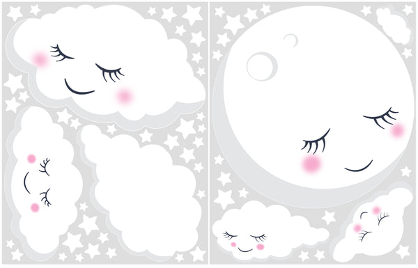 Sleeping Moon Clouds & Stars Room Decals - Kids Room Mural Wall Decals