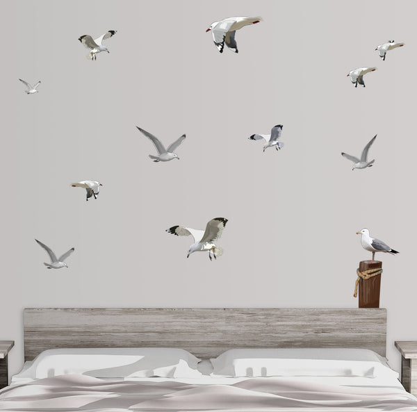 Flock of Seagulls & Seagull on Post Beach Wall Decals
