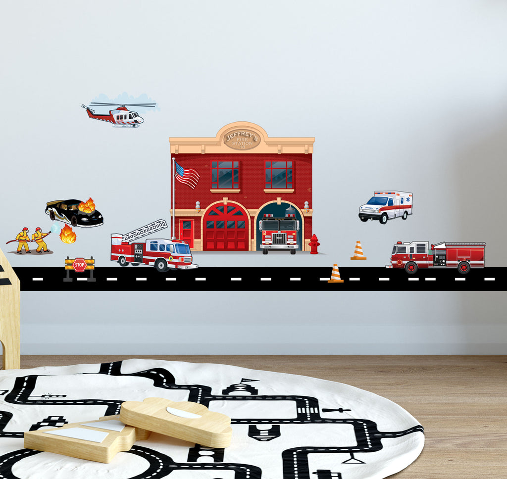 Fire Station w/ Truck Wall Decals - Kids Room Mural Wall Decals
