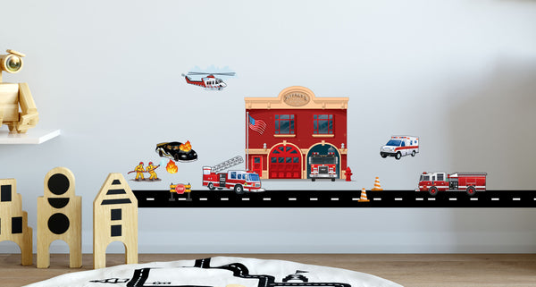 Fire Station w/ Truck Wall Decals - Kids Room Mural Wall Decals