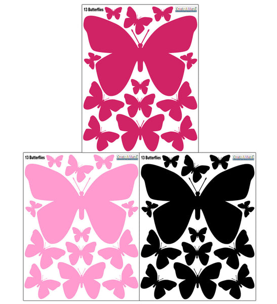 Butterfly Wall Decals- Girls Wall Stickers ~ Wall Art Sticker Decals (Pink,Hot Pink,Black) - Kids Room Mural Wall Decals