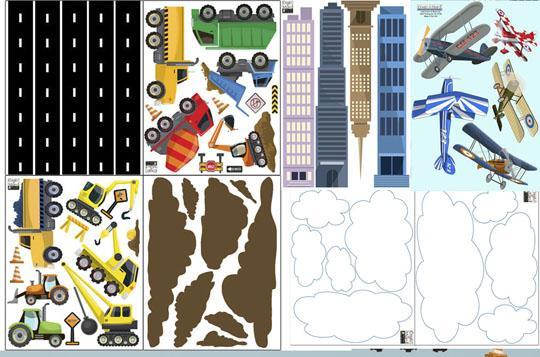 City Construction Truck & Planes Boys Wall Decals - Kids Room Mural Wall Decals