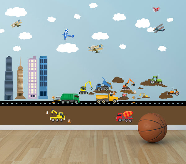 City Construction Truck & Planes Boys Wall Decals