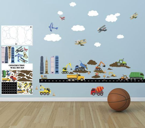 City Construction Truck & Planes Boys Wall Decals - Kids Room Mural Wall Decals