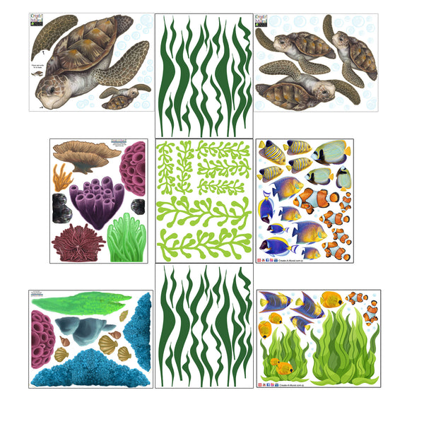 Large Ocean Theme Wall Decals Bundled -Fish, Seaweed, Sea Turtle, Coral