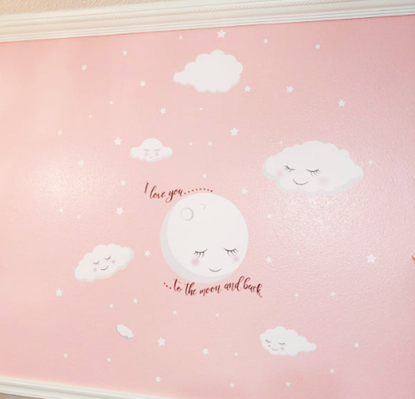 Love You To The Moon and Back Stars, Cloud Baby Nursery Room Wall Decals - Kids Room Mural Wall Decals