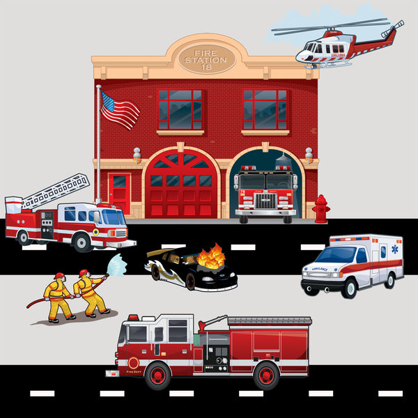 Fire Station w/ Truck Wall Decals - Kids Room Mural Wall Decals