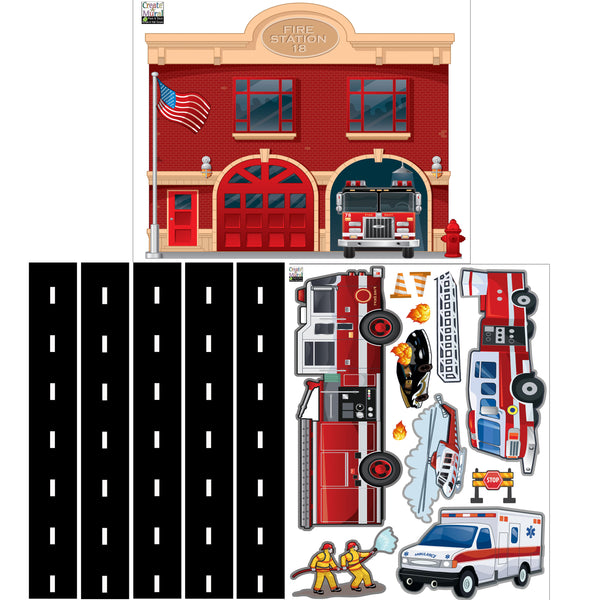 Fire Station w/ Truck Wall Decals - Kids Room Mural Wall Decals