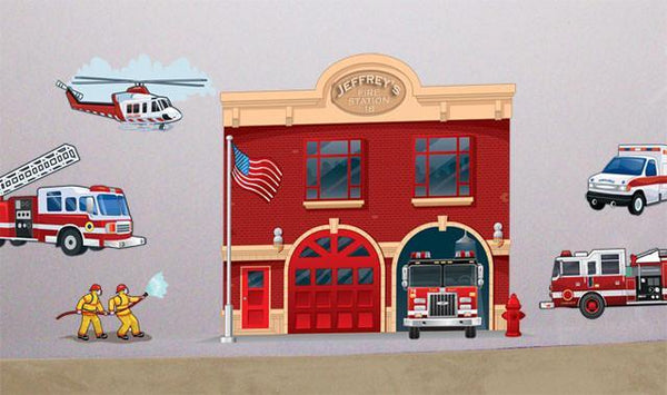 Fire Station Mural - Kids Room Mural Wall Decals
