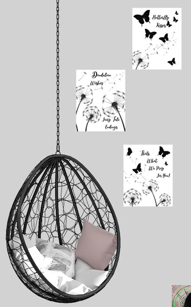 Black and White Butterfly & Dandelion Flower Wall Art Prints