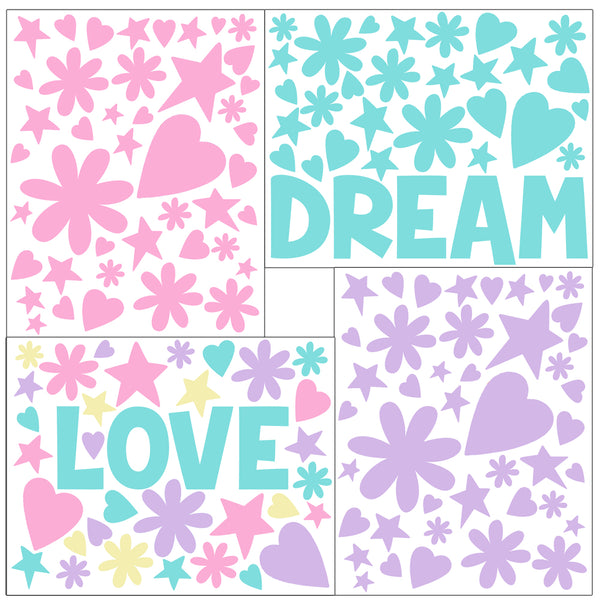LOVE Word Flowers, Hearts, Stars Girls Wall Decals - Kids Room Mural Wall Decals