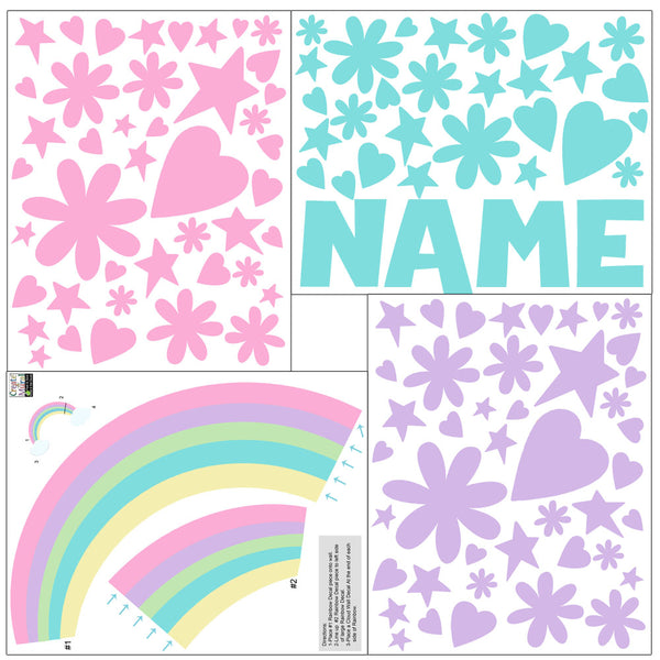 Personalized Name Wall Decal -(136) Piece Girls Rainbow Wall Decor Stickers - Kids Room Mural Wall Decals