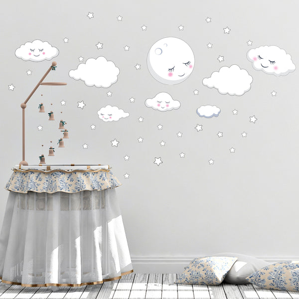 Sleeping Moon Clouds & Stars Room Decals - Kids Room Mural Wall Decals