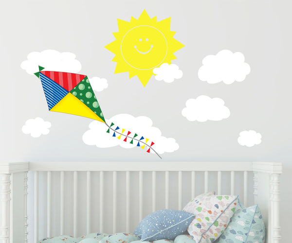 Kite Wall Decal w/ Happy Sun and Clouds Wall Sticker Decor - Kids Room Mural Wall Decals