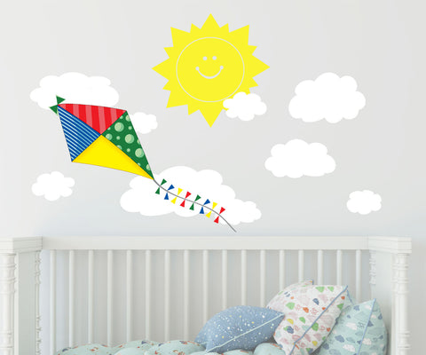 Kite Wall Decal w/ Happy Sun and Clouds Wall Sticker Decor - Kids Room Mural Wall Decals