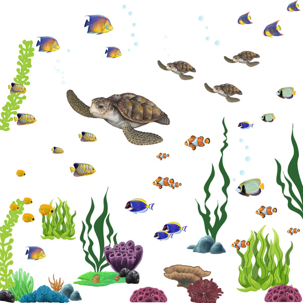 Large Ocean Theme Wall Decals Bundled -Fish, Seaweed, Sea Turtle, Coral