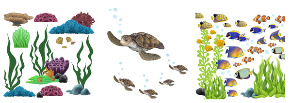 Large Ocean Theme Wall Decals Bundled -Fish, Seaweed, Sea Turtle, Coral