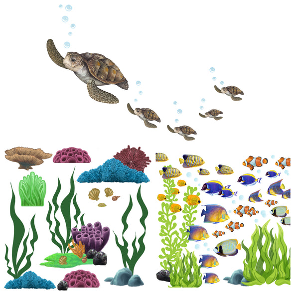 Large Ocean Theme Wall Decals Bundled -Fish, Seaweed, Sea Turtle, Coral