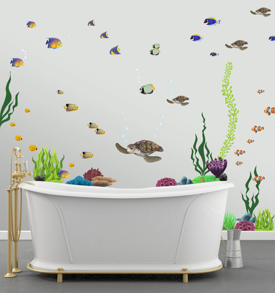 Large Ocean Theme Wall Decals Bundled -Fish, Seaweed, Sea Turtle, Coral