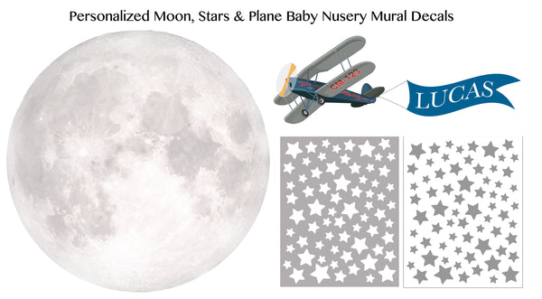 Moon, Stars and Plane Baby Nursery Mural