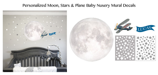 Moon, Stars and Plane Baby Nursery Mural