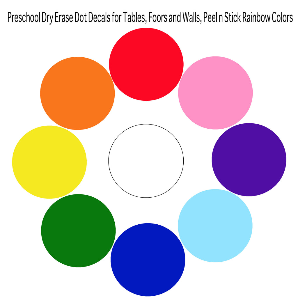 Preschool Dry Erase Dot Decals for Tables, Floors and Walls, Peel n Stick Rainbow Colors - Kids Room Mural Wall Decals