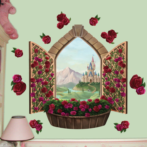Rose Castle Window Mural - Kids Room Mural Wall Decals