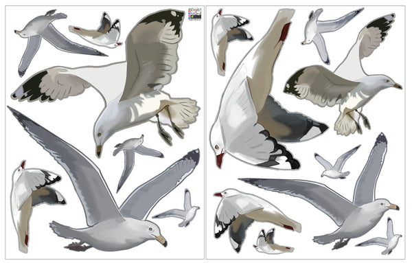 Flock of Seagulls & Seagull on Post Beach Wall Decals