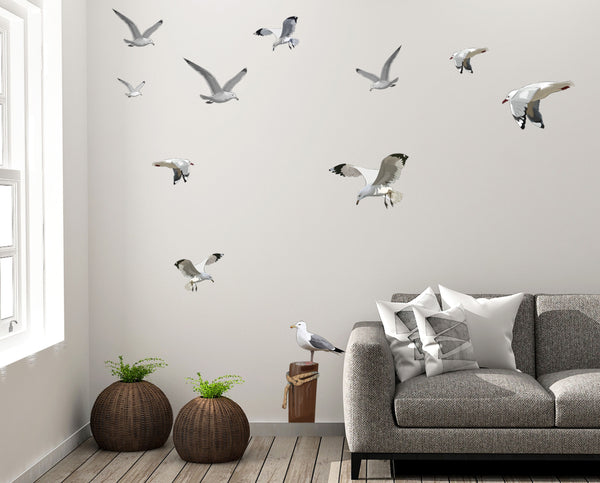 Flock of Seagulls & Seagull on Post Beach Wall Decals