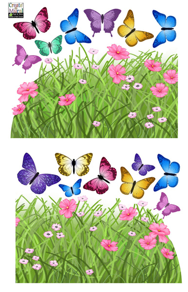 Spring Butterfly Meadow Grass Border Wall Decals - Kids Room Mural Wall Decals