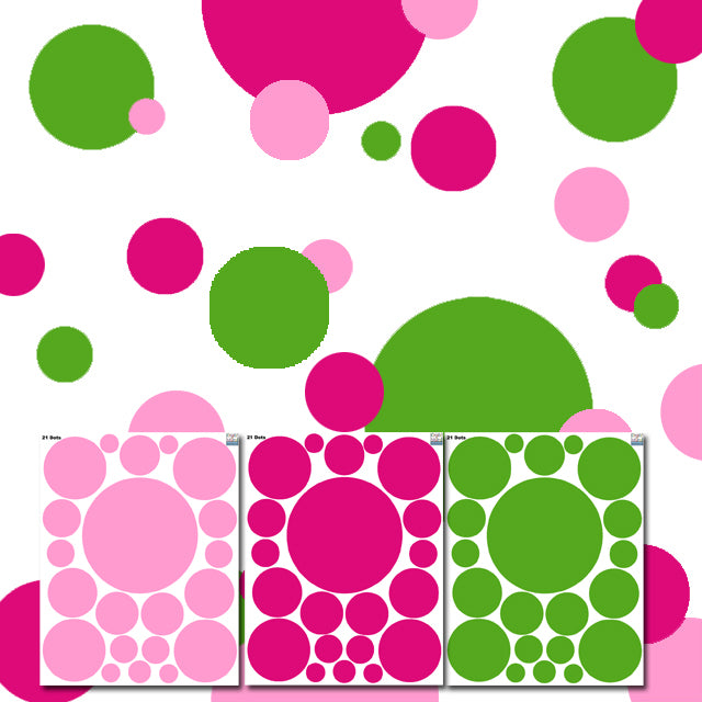 Polka Dot Wall Decals (63) Green & Pink, Hot Pink Wall Dot Decals - Kids Room Mural Wall Decals