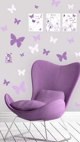 Purple Butterfly Room Kit Bundle: Wall Decals, Light Switch, Prints