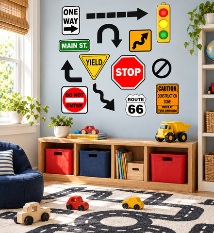 Road Signs Wall Decals, Boys Room Street Wall Stickers Decor