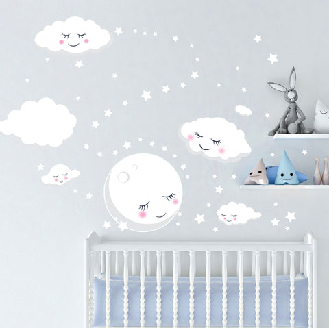 Sleeping Moon Clouds & Stars Room Decals - Kids Room Mural Wall Decals