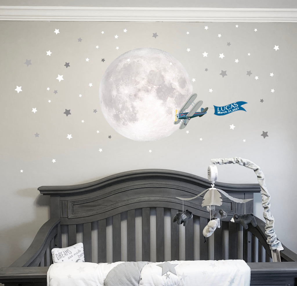 Moon, Stars and Plane Baby Nursery Mural