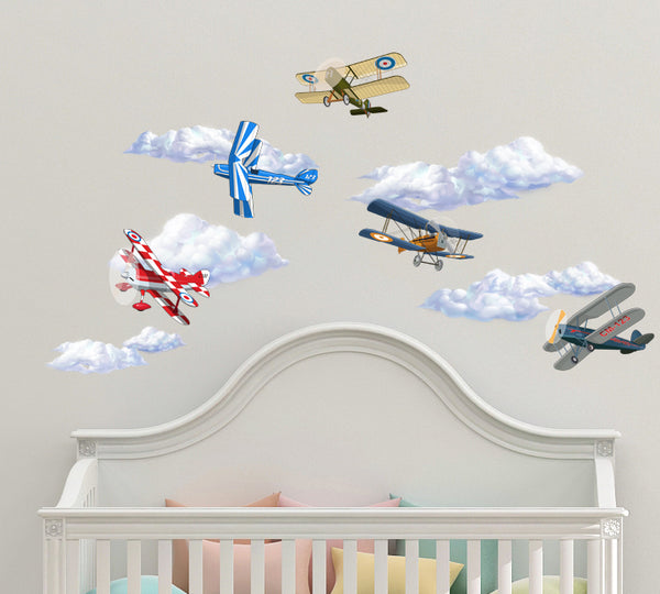 Vintage Plane & Cloud Wall Decals - Kids Room Mural Wall Decals