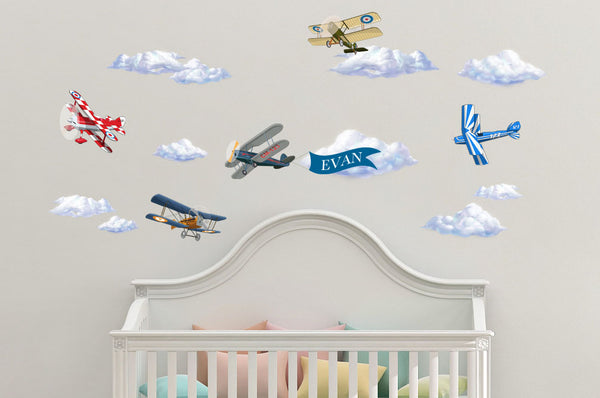 Vintage Plane & Cloud Wall Decals - Kids Room Mural Wall Decals