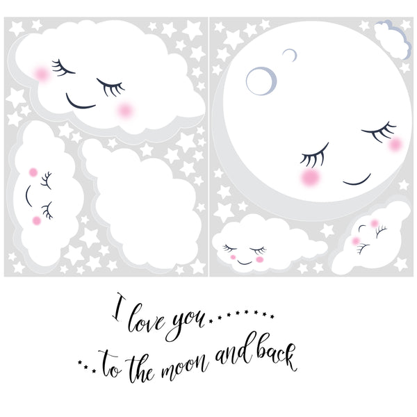 Love You To The Moon and Back Stars, Cloud Baby Nursery Room Wall Decals - Kids Room Mural Wall Decals