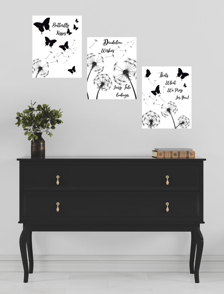 Black and White Butterfly & Dandelion Flower Wall Art Prints