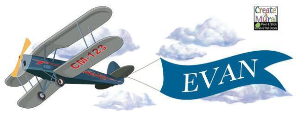 Green Plane Banner Clouds Mural - Kids Room Mural Wall Decals