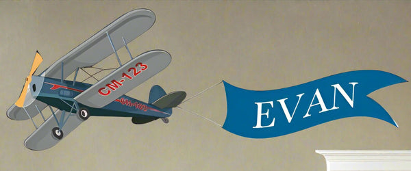 Boys Mural -Blue Air Plane Custom Banner Mural - Kids Room Mural Wall Decals