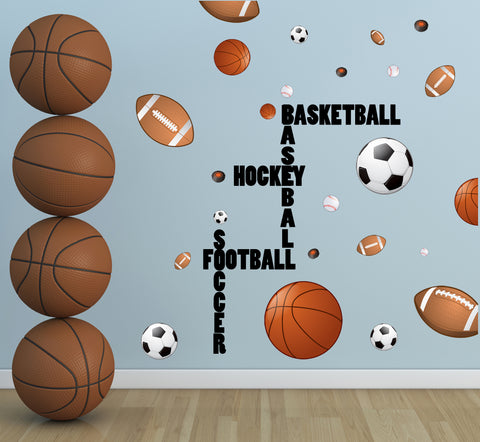 Sports Boys Wall Decal ~ Football Basketball Soccer Baseball - Kids Room Mural Wall Decals