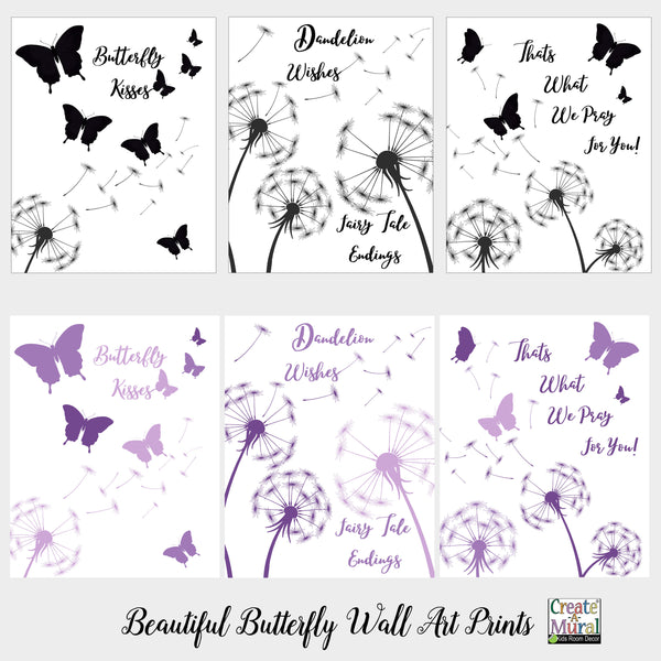 Purple Butterfly & Dandelion Flower Wall Art Prints