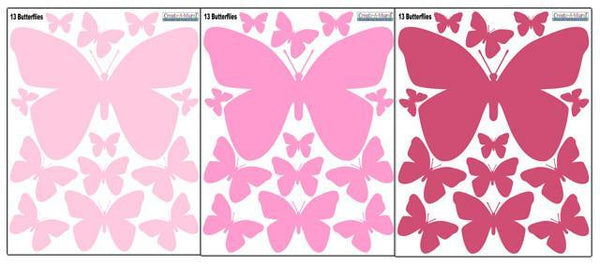 Butterfly Wall Decals 3 Pinks -Girls Wall Stickers - Kids Room Mural Wall Decals