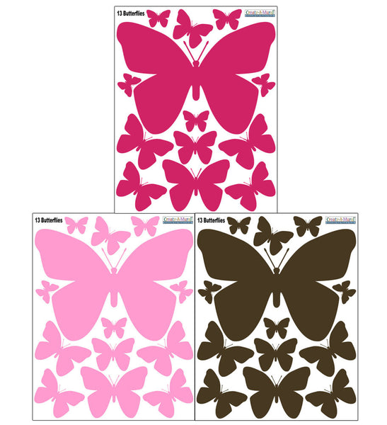 Butterfly Wall Decals for Girls -Hot Pink,Pink,Brown Vinyl Wall Decor Stickers - Create-A-Mural