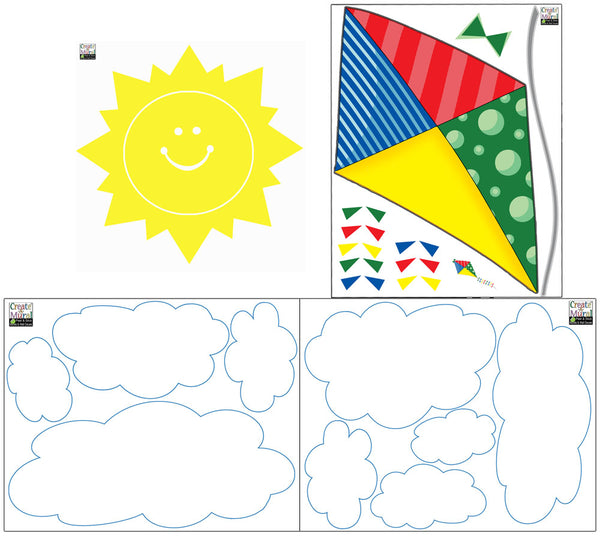 Kite Wall Decal w/ Happy Sun and Clouds Wall Sticker Decor - Kids Room Mural Wall Decals