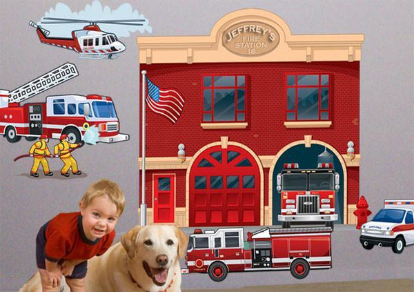 Fire Station Mural - Kids Room Mural Wall Decals